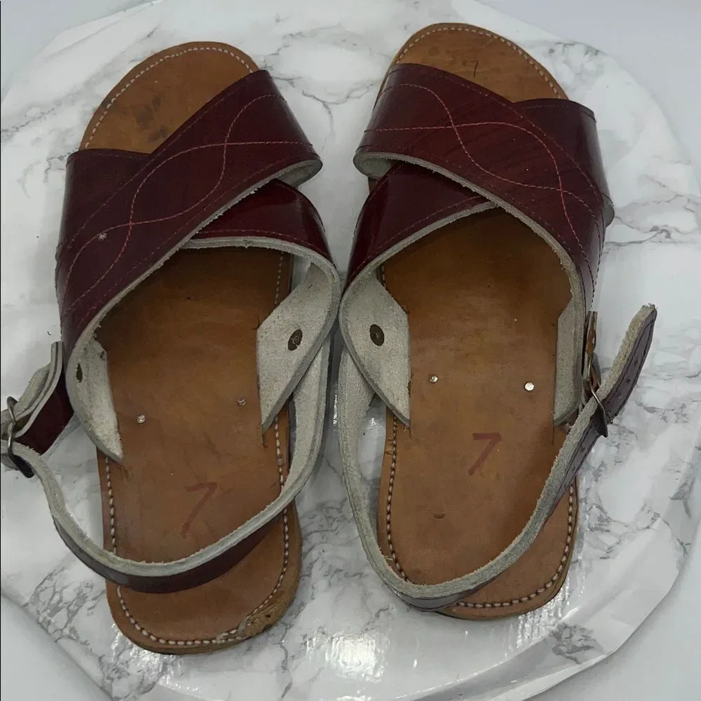 MEXICAN HANDCRAFTED Maroon Patent Leather Cruzado Huaraches Sandals-7